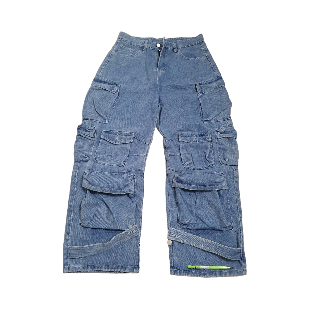 👖 33"W,  men's light blue, high-waisted cargo jeans